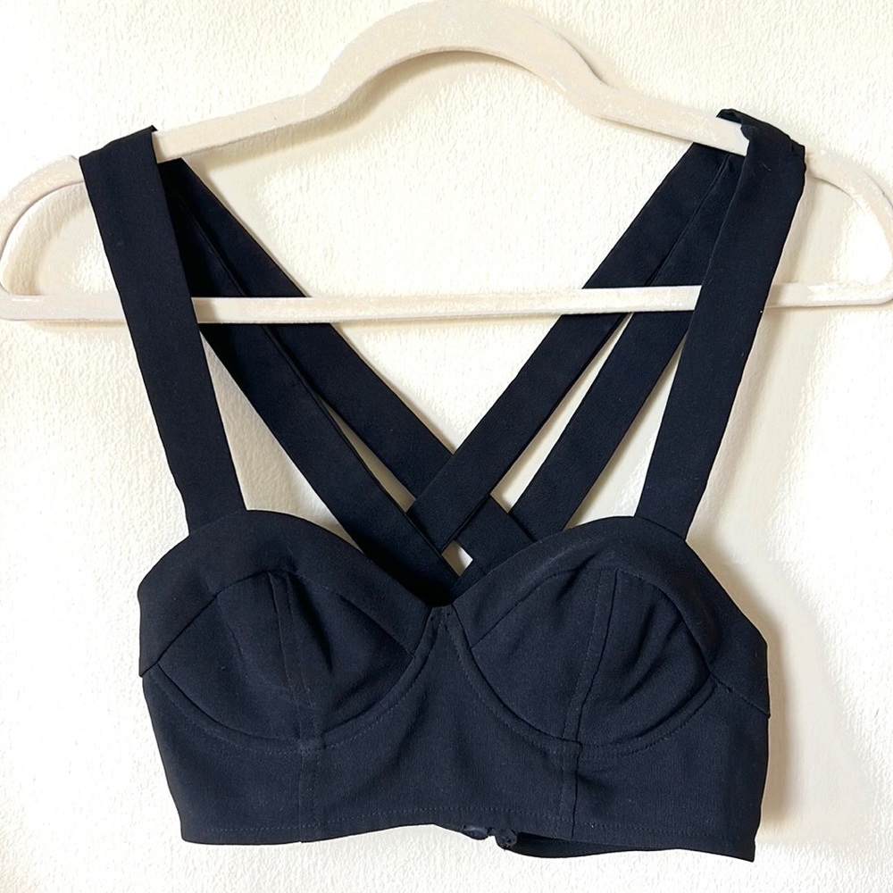 Black bustier strappy hook eye bra corset crop top